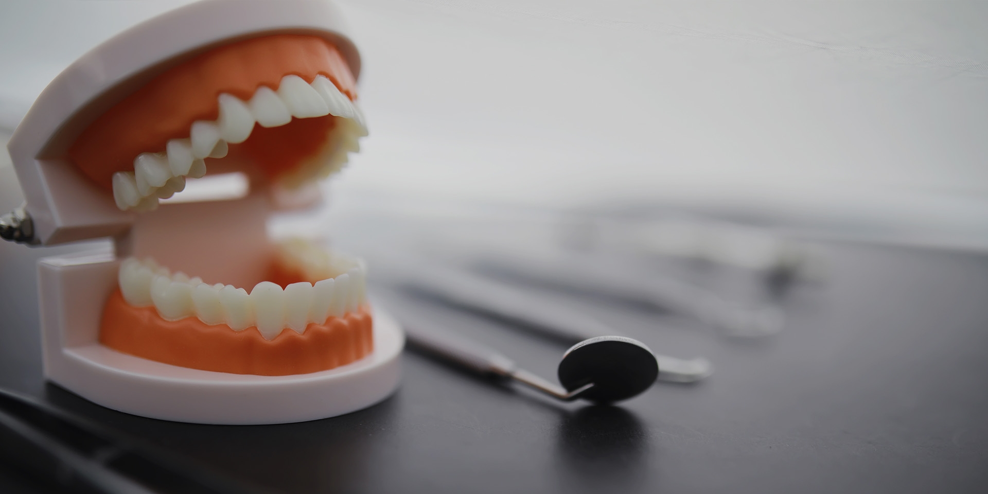 A denture model with a dental mirror placed beside it.